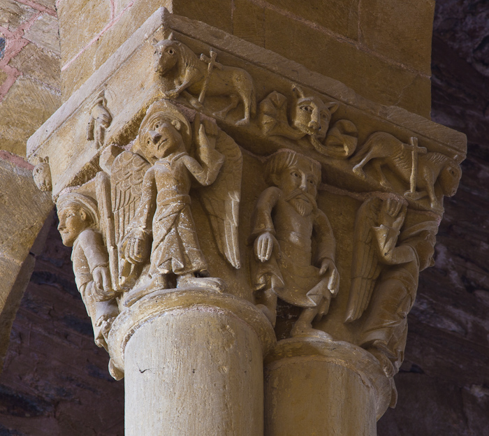 Capital detail - two oxen carrying the cross, Basilique Sainte Foy, Conques (Aveyron) Photo by Dennis Aubrey