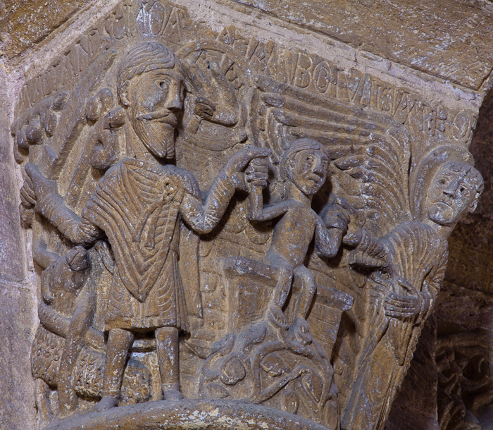 Capital detail - the sacrifice of Isaac, Basilique Sainte Foy, Conques (Aveyron) Photo by Dennis Aubrey